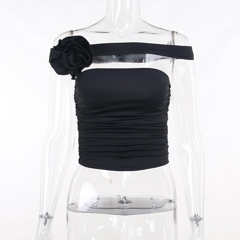 Sleeveless solid off shoulder flower applique ruched tube top - Final Sale