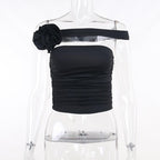 Sleeveless solid off shoulder flower applique ruched tube top - Final Sale