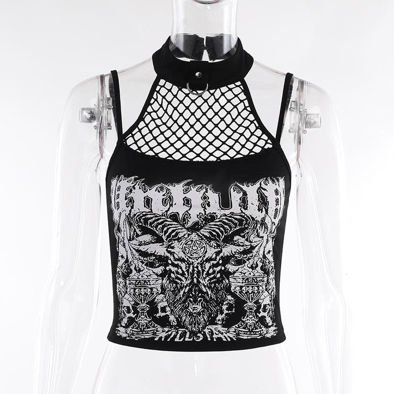 Halter backless abstract button contrast fishnet crop top