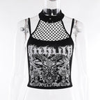 Halter backless abstract button contrast fishnet crop top