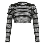 Hollow out long sleeve fishnet see through buckle solid crop top