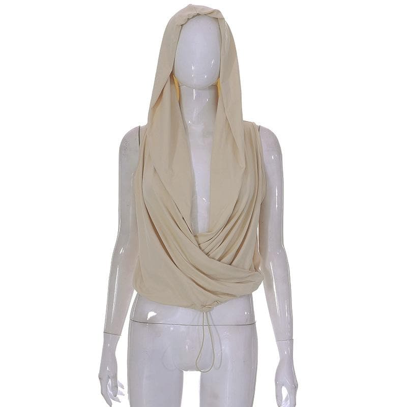 Felpa con cappuccio, collo a cappuccio, senza maniche, coulisse e arricciata. 