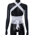 Sheer mesh see through solid cross front cowl neck 3-way top