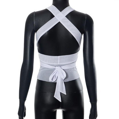 Sheer mesh see through solid cross front cowl neck 3-way top