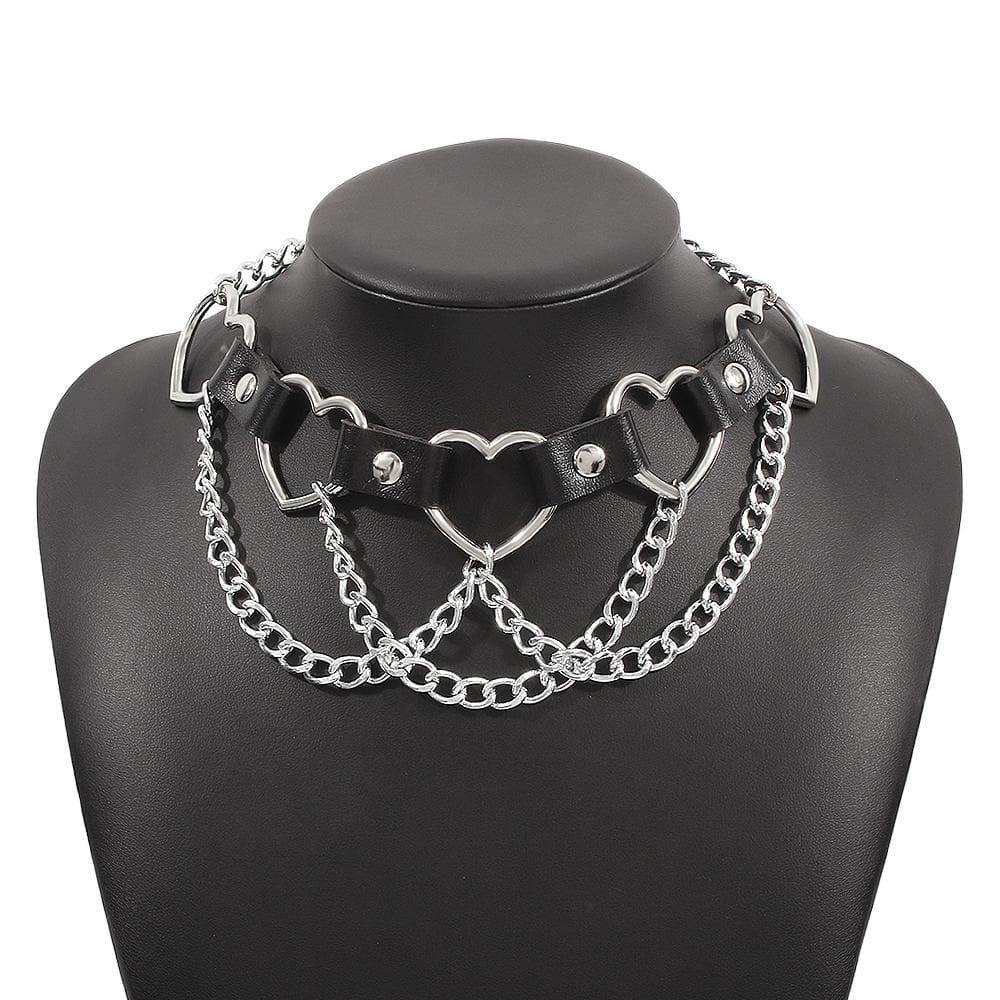 Heart Ring Pu Chain Layered Choker Necklace