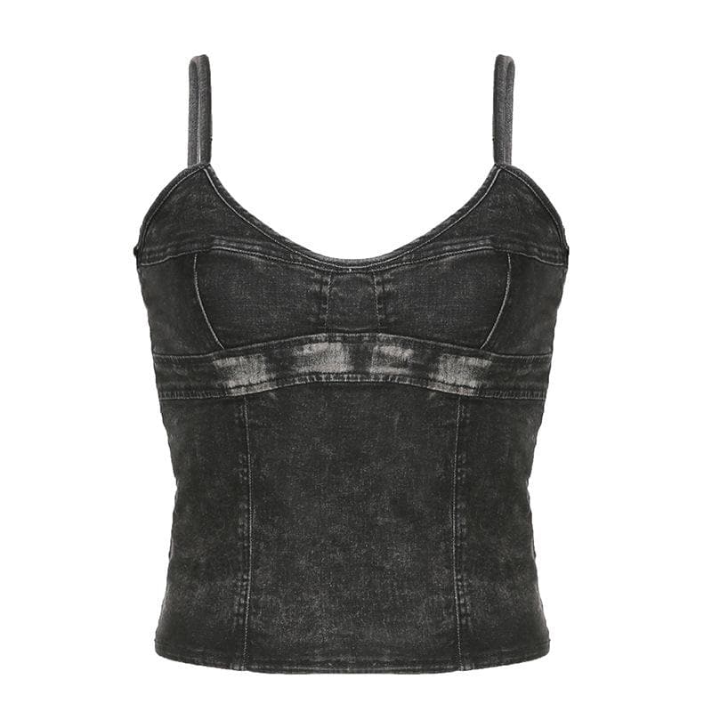 Top corto in denim con scollo a V, zip e schiena scoperta 