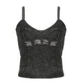 Top corto in denim con scollo a V, zip e schiena scoperta 