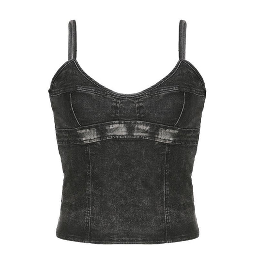 Top corto in denim con scollo a V, zip e schiena scoperta 