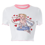 Comic pattern contrast short sleeve ruffle crewneck crop top