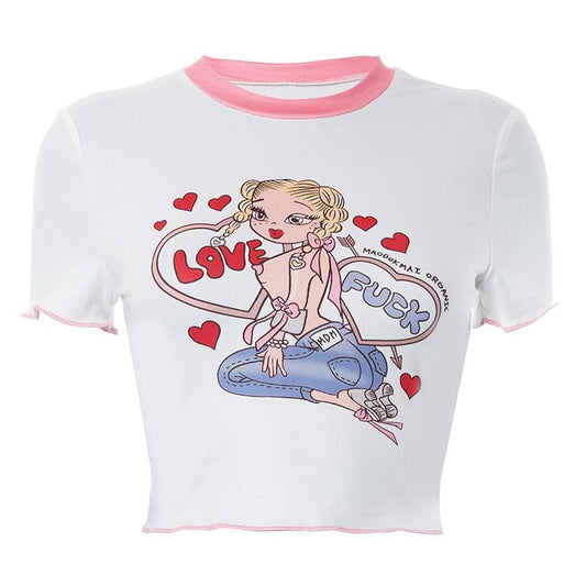 Top corto con scollo a giro e volant a maniche corte con motivo a fumetti a contrasto 