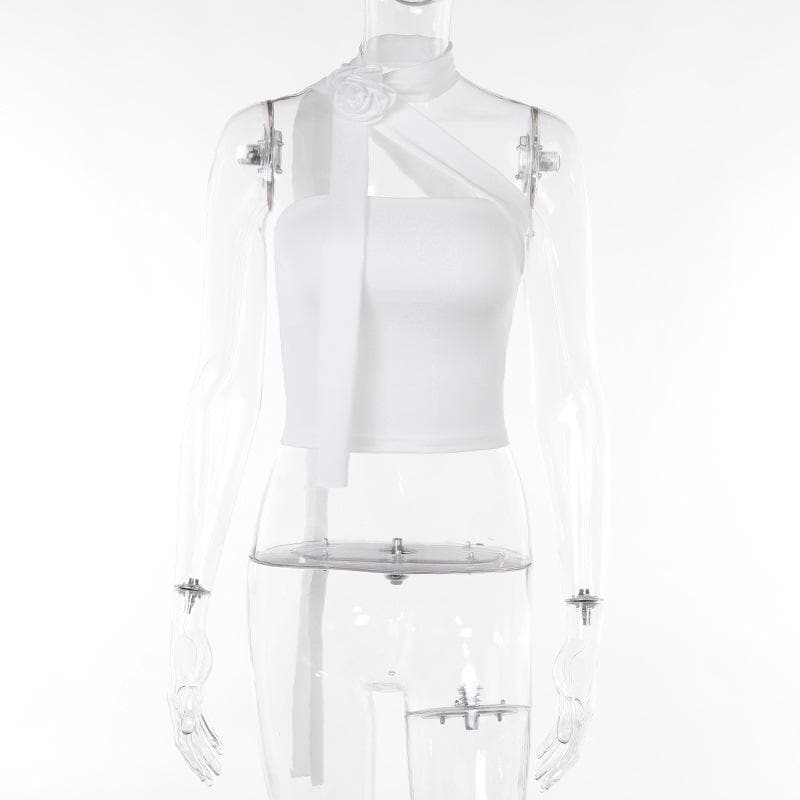Einfarbiges One-Shoulder-Crop-Top mit Blumenapplikation und Schleife 
