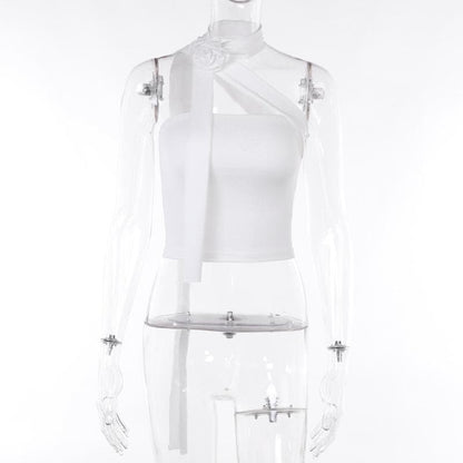 Einfarbiges One-Shoulder-Crop-Top mit Blumenapplikation und Schleife 