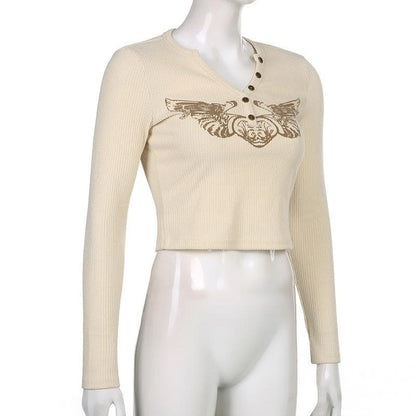 Ribbed abstract print long sleeve button contrast top