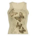 Ribbed butterfly pattern sleeveless contrast beaded crop top