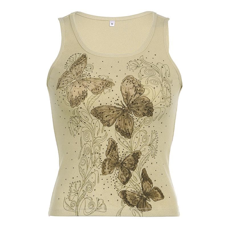 Ribbed butterfly pattern sleeveless contrast beaded crop top