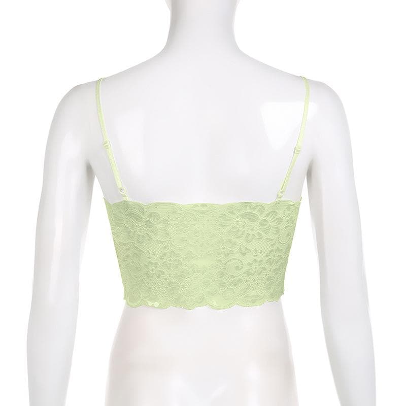 Top corto in pizzo con scollo a V e schiena scoperta, applicazioni floreali a contrasto