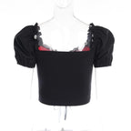 Puff sleeve contrast v neck lace patchwork lace up crop top