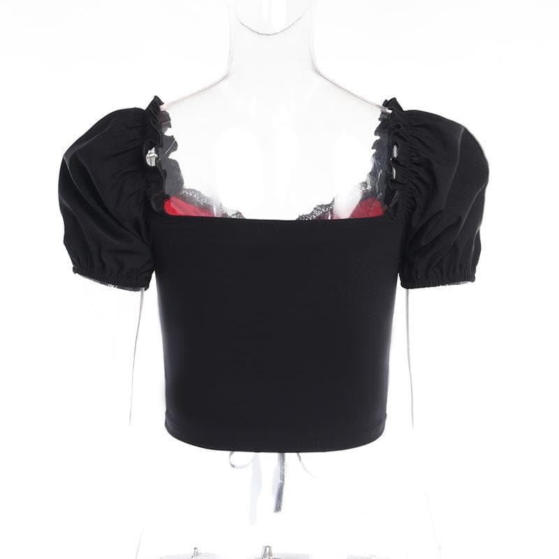 Puff sleeve contrast v neck lace patchwork lace up crop top