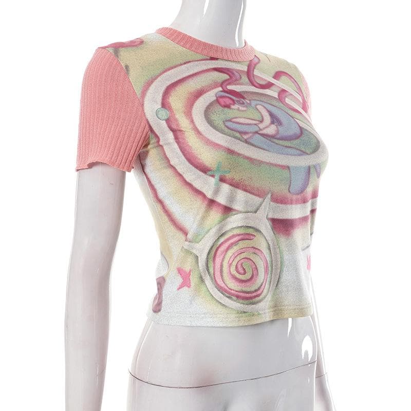 Top a maniche corte con scollo rotondo e patchwork a contrasto astratto 
