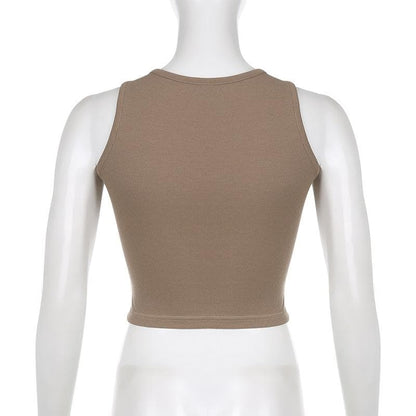 Ärmelloses, geripptes Crop-Top mit Stickerei und U-Ausschnitt 
