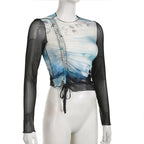 Drawstring long sleeve sheer mesh see through ruched contrast top