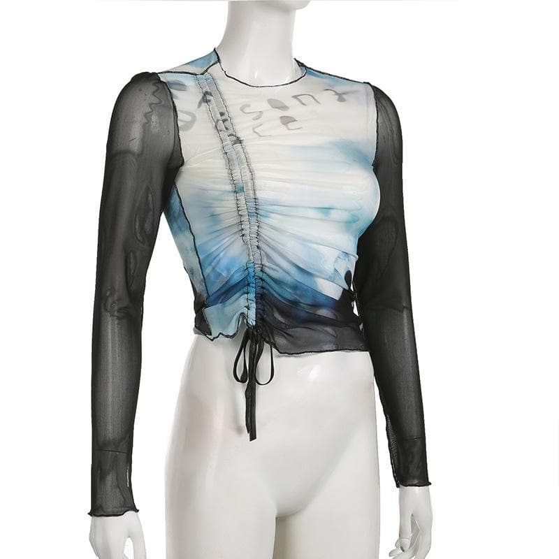 Drawstring long sleeve sheer mesh see through ruched contrast top