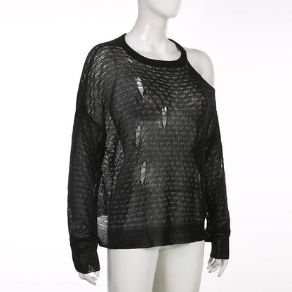 Off shoulder see through irregular long sleeve crochet top - Final Sale