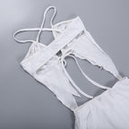 Textured solid cross back self tie backless v neck mini skirt set