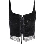 Lace up backless velvet lace hem square neck cami crop top