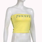Contrast "FUNOFF" pattern backless tube crop top