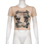 Butterfly pattern sheer mesh see through short sleeve crop top