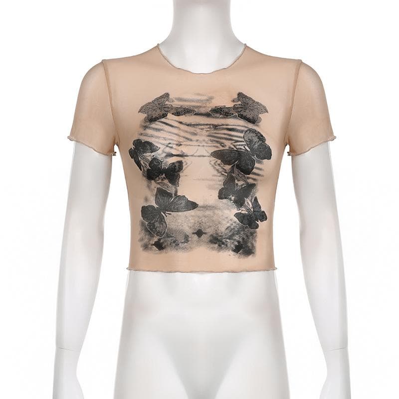 Butterfly pattern sheer mesh see through short sleeve crop top