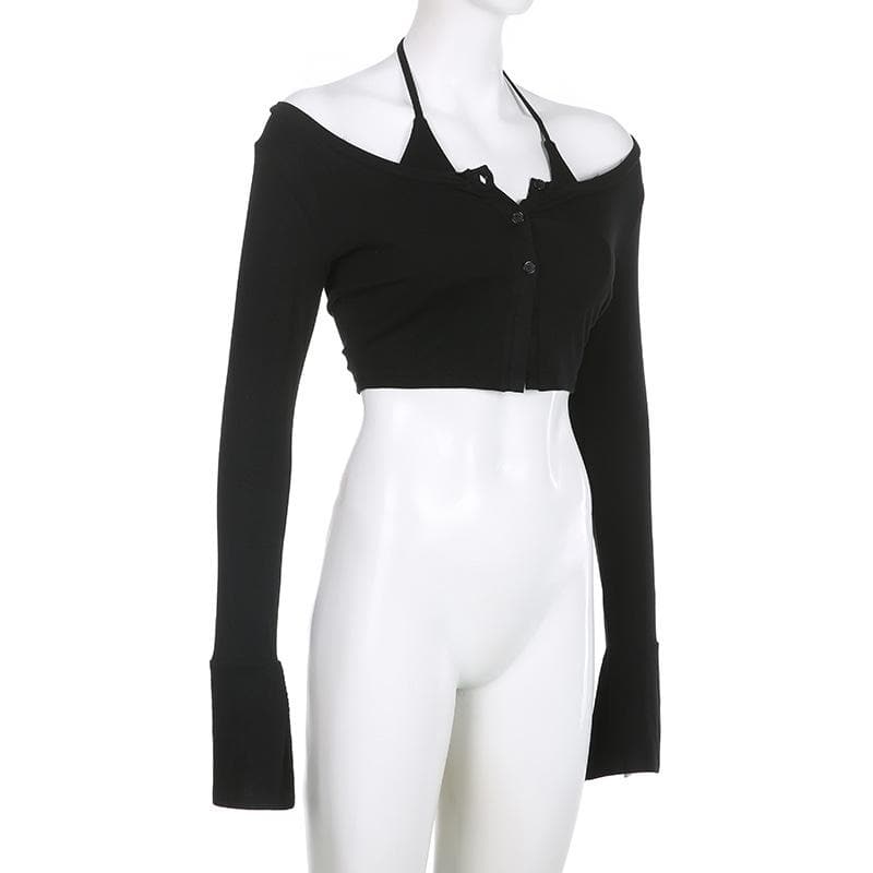 Halter self tie flared sleeve button solid 2 piece crop top