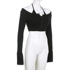 Halter self tie flared sleeve button solid 2 piece crop top