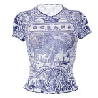 Short sleeve ruffle sheer mesh see through abstract top
