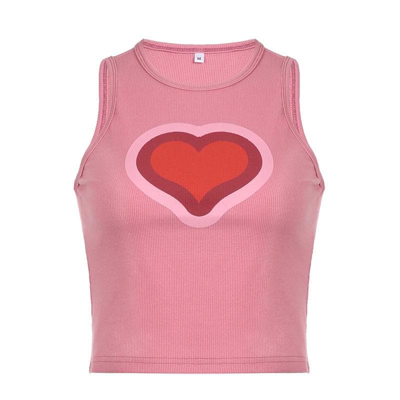 Sleeveless crewneck ribbed heart pattern contrast top