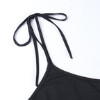 Solid halter mesh patchwork self tie backless crop top