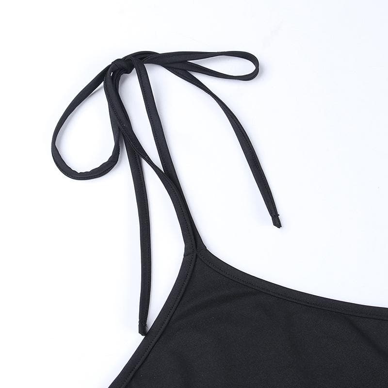 Solid halter mesh patchwork self tie backless crop top