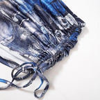 Denim print contrast drawstring self tie backless tube mini skirt set