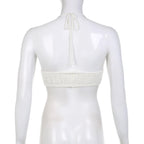 Metal chain ruched v neck halter self tie backless crochet crop top