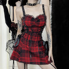 Backless ruched lace hem plaid lace up zip-up mini dress