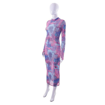 Sheer mesh see through flower print contrast gloves long sleeve maxi dress
