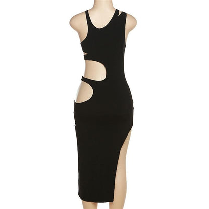 Ribbed solid hollow out sleeveless irregular slit midi dress