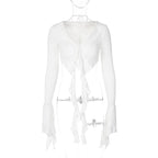 Halter self tie v neck flared sleeve button ruffle crop top