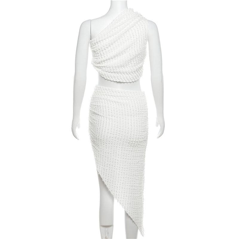 Irregular one shoulder sleeveless textured midi skirt set