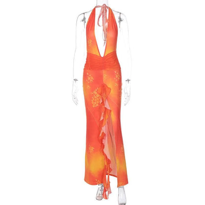 Ruched backless halter self tie v neck slit tie dye maxi dress