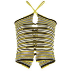 Knitted striped contrast hollow out cross front 2-way cami crop top