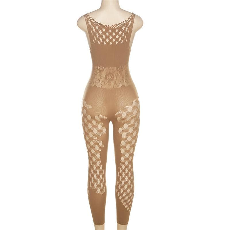 Ärmelloser, ausgehöhlter, durchsichtiger Jumpsuit aus Fischnetz 