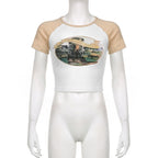 Stitch patchwork abstract contrast crewneck short sleeve crop top