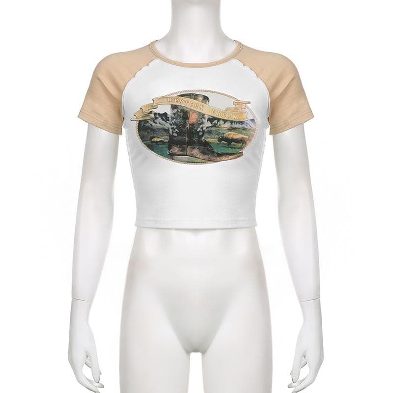 Stitch patchwork abstract contrast crewneck short sleeve crop top